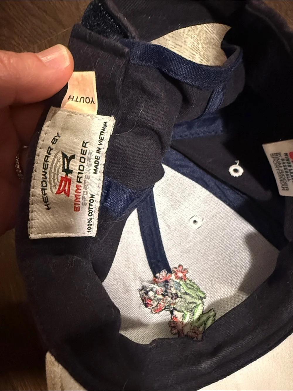 Kids Frog Baseball Cap in Black and Cream with Red Embroidery